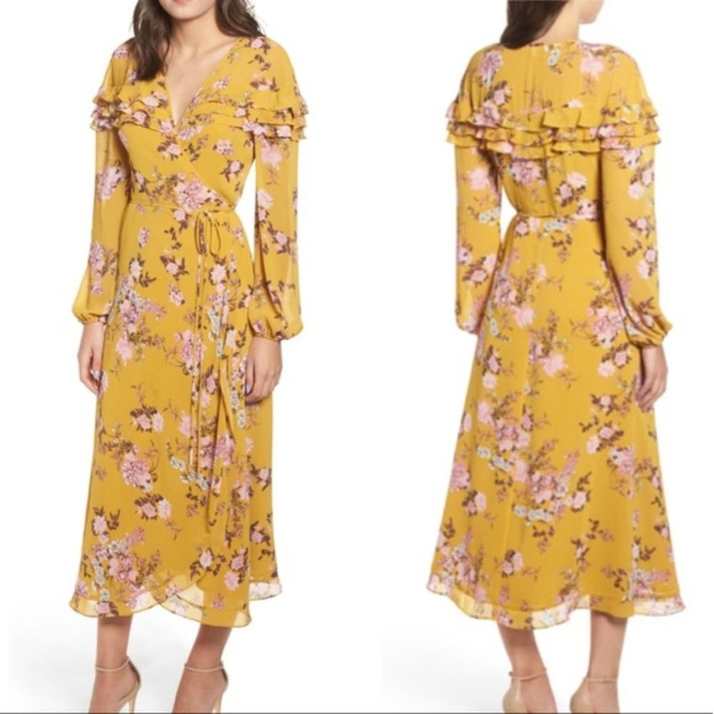 Wayf Mariah Maxi yellow floral maxi dress vneck as xs